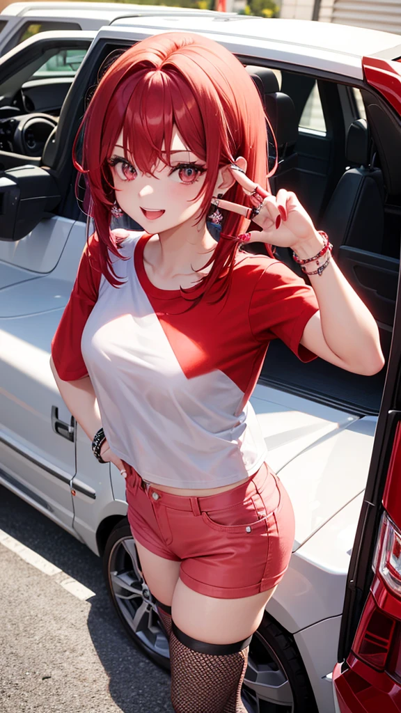 Hair with red,pink,white and black and bangs, ears with tragus piercings and one lobe and one hilux , eyes with good mood ,red sexy lips , short t shirt, short pants,,left hand with diamond bracelet, roght hand with one diamond ring,