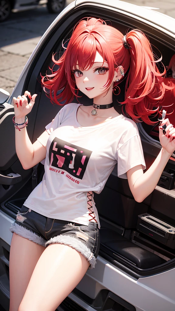 Hair with red,pink,white and black and bangs, ears with tragus piercings and one lobe and one hilux , eyes with good mood ,red sexy lips , short t shirt, short pants,,left hand with diamond bracelet, roght hand with one diamond ring, 