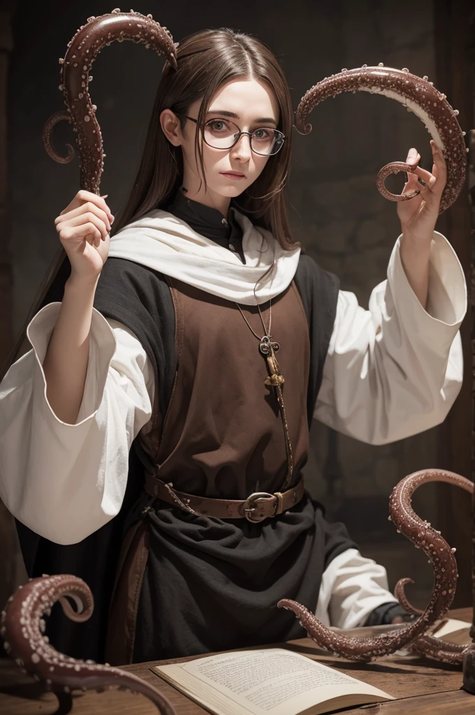 Alchemist, medieval, crazy, lunatic, thin, wearing glasses, brown hair divided with a white streak, with some black tentacles around it