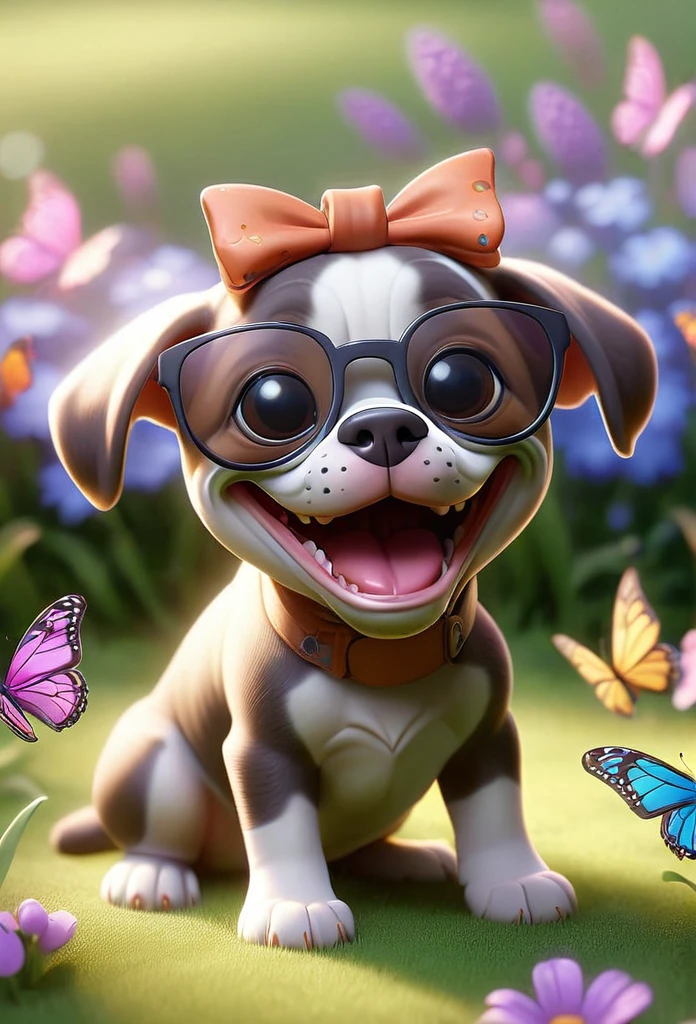 Adorable small tan boston Terrior puppy playing wearing sunglasses playing at park butterflies and flowers in background 3D Pixar style