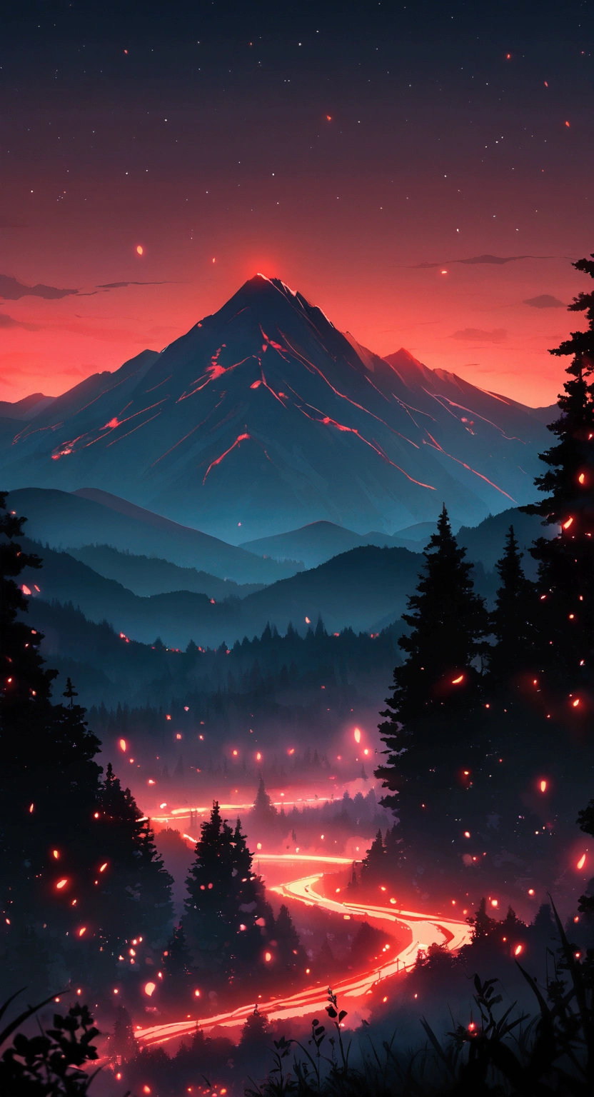 Night, mountain, red lighting, forest,