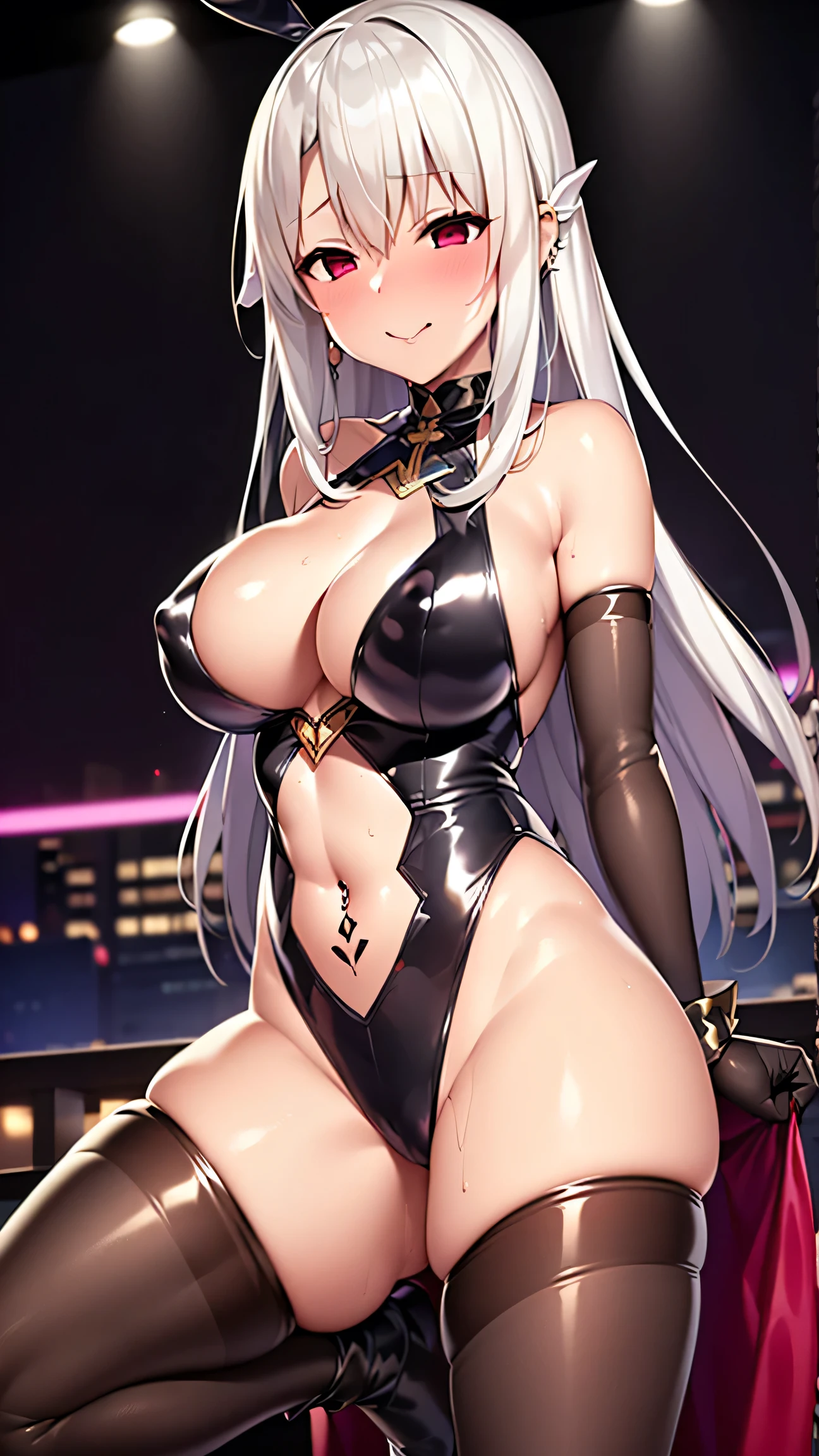 ((masterpiece、best quality、Very detailed)、((A girl))、((blond、Dark Skin，bronze skin，Very long hair、Cover your eyes))、Pink Eyes、Smile，（（Dark skin 1.5））、（（Lace edge pattern））、Reverse bunny costume，Hips、((There are many piercings))、((Large Breasts))、Cowboy shooting、Shot from below、Open your legs，Purple Light，Nightclub，on stage，Purple Light，((best quality)), ((masterpiece)), (detailed), (character focus、Breast Focus,whole body), Anime 2D Rendering, Realistic young anime women, Five fingers, Perfect face, Beautiful details, Beautiful Body, Beautiful breasts, Beautiful thighs, (Huge breasts)、Beautiful Feet, (Skin burns), 、A girl、nun，Lace、She turned her face and body toward the audience，Beautiful face and charming shyness，eternal，Hair Cover your eyes，（Large Breasts），Shy，Exceed，Thick Legs，Fascinating three-dimensional,Fascinating three-dimensional，Fascinating three-dimensional，Magical girl，Bright Black，（（前发Hair Cover your eyes）），night