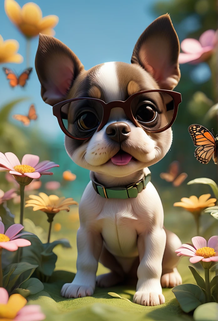 Adorable small tan boston Terrior puppy playing wearing sunglasses playing at park butterflies and flowers in background 3D Pixar style
