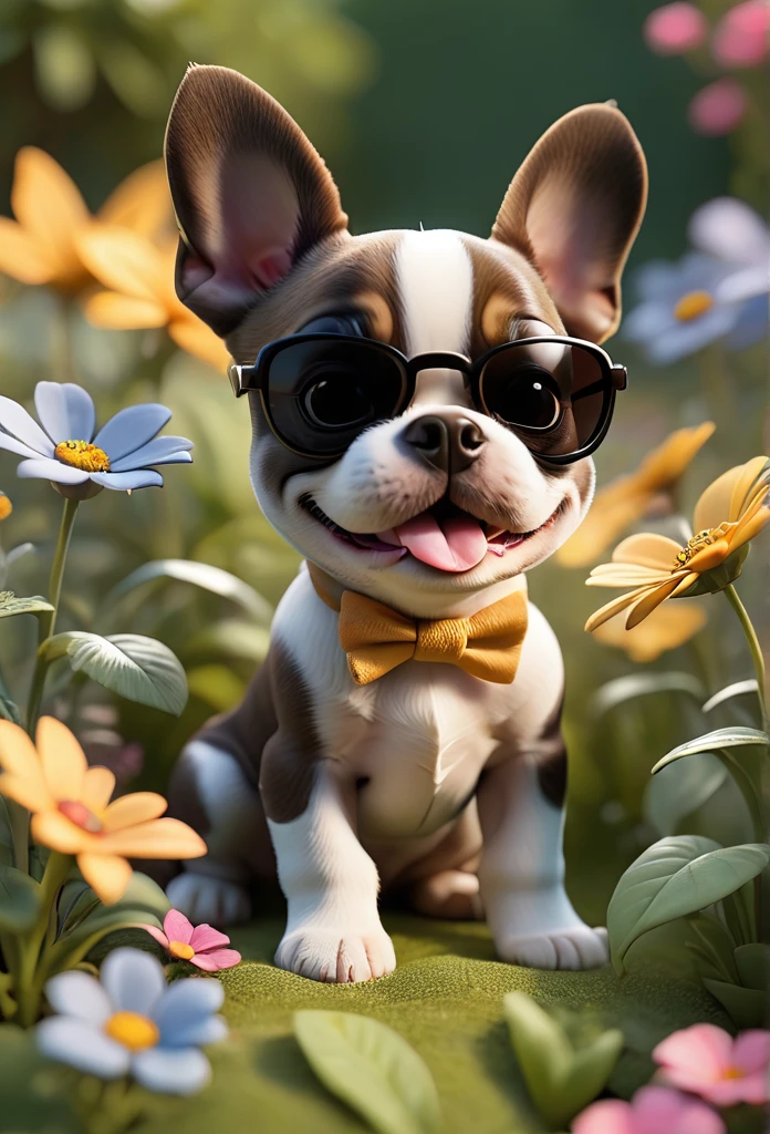 Adorable small tan boston Terrior puppy playing wearing sunglasses playing at park butterflies and flowers in background 3D Pixar style
