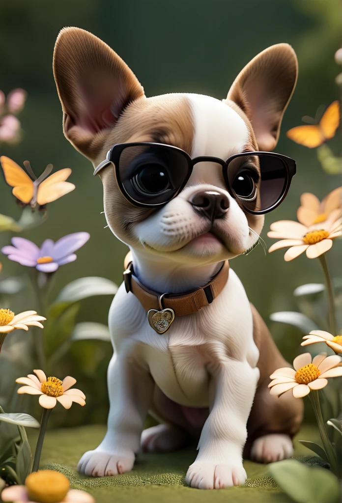 Adorable small tan boston Terrior puppy playing wearing sunglasses playing at park butterflies and flowers in background 3D Pixar style
