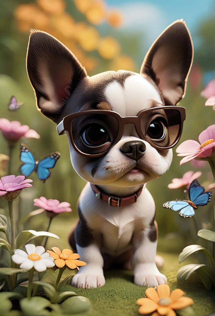 Adorable small tan boston Terrior puppy playing wearing sunglasses playing at park butterflies and flowers in background 3D Pixar style
