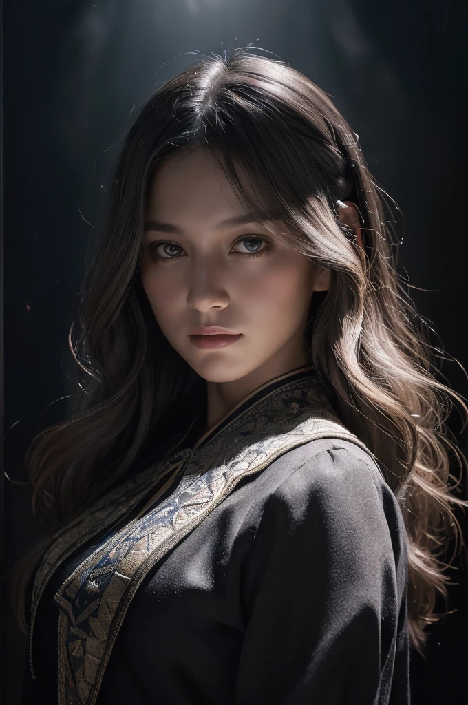 (Front Focus),(In the Dark:1.6), Hyperrealist Female Portrait by David Hockney and Alphonse Mucha,Fantasy art, Photorealistic, Dynamic Lighting, Art Station, Poster, Volumetric lighting, Highly detailed face, 4k yen, Awards,, One girl, In the Dark, Deep Shadow, Modest,Cowboy Shot,(Official attire:1.4) ,Long Hair,Gray Hair,