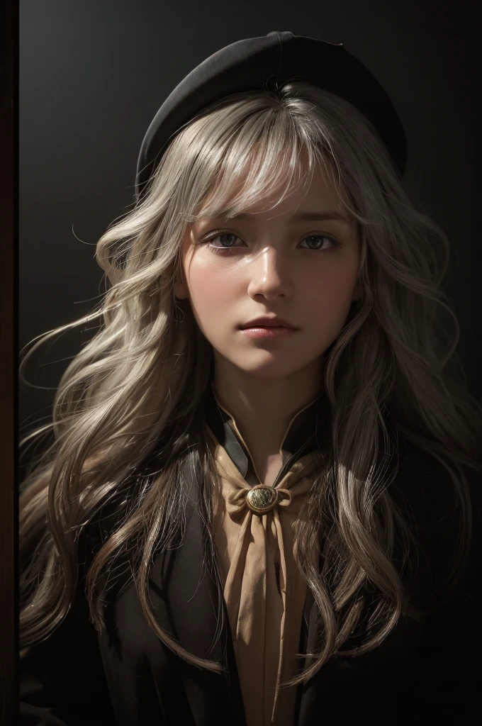 (Front Focus),(In the Dark:1.6), Hyperrealist Female Portrait by David Hockney and Alphonse Mucha,Fantasy art, Photorealistic, Dynamic Lighting, Art Station, Poster, Volumetric lighting, Highly detailed face, 4k yen, Awards,, One girl, In the Dark, Deep Shadow, Modest,Cowboy Shot,(Official attire:1.4) ,Long Hair,Gray Hair,