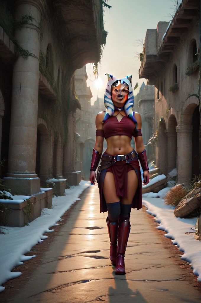 a ((fall body)) ((Ahsoka))) (()) (())mandalorian,walking on snow coverd ruins , ((green fire eyes )) , beautiful detailed eyes, beautiful detailed lips, extremely detailed face, long eyelashes, mandalorian armor, sci-fi, cinematic lighting, dramatic, epic, intricate details, hyper-realistic, 8k, high-quality, photorealistic
