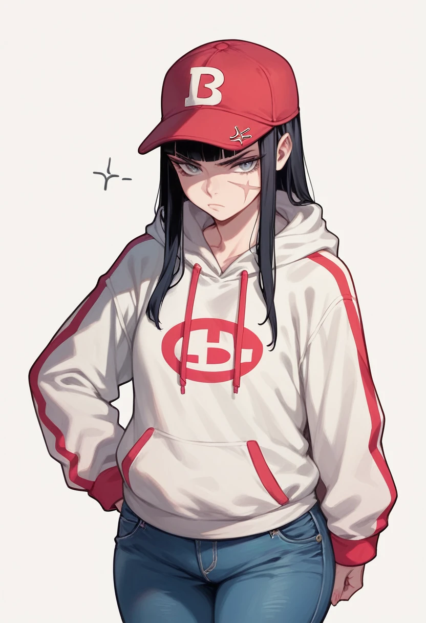 score_9, score_8_up, score_7_up, score_6_up, Character concept art of a pale skinned woman, grey eyes, scar on face, hoodie, baseball cap, annoyed face, hime cut black hair, jeans, fashionable, thick outlines, line weight, high detail, white background,