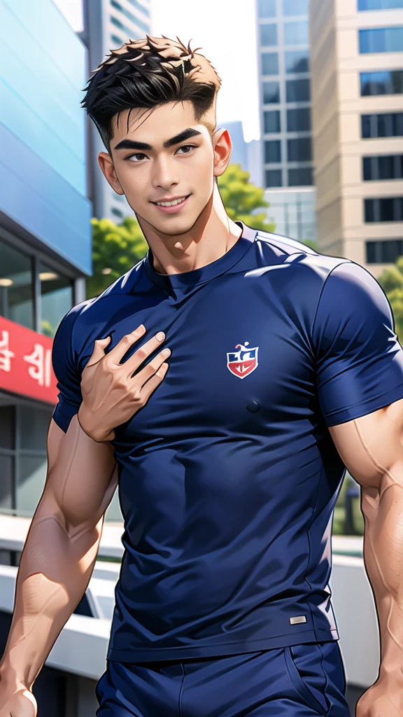1 man, smile, (wearing navy clothes, round neck, short sleeve football shirt.), Navy cargo pants, Korean guy , korean men, (High gloss details), chest muscles, Big arm muscles, blood vessel, big muscles, Broad shoulders, looking at the audience, Balancing the eyes, (Make eye contact), sports stadium, football