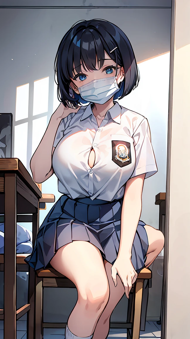 1 woman, , (Short Layered Bob haircut, black hair), scared face expression, plump body, blue eyes, Indonesian high-school uniform, (wearing transparent white shirt, showing bra), osis logo on shirt pocket, huge XL breasts, light-grey pleated skirt, sitting on a chair, seductive pose, full body shot, smiling, in the classroom, wearing a mask (white surgical mask, surgical mask fit his face:1.2).