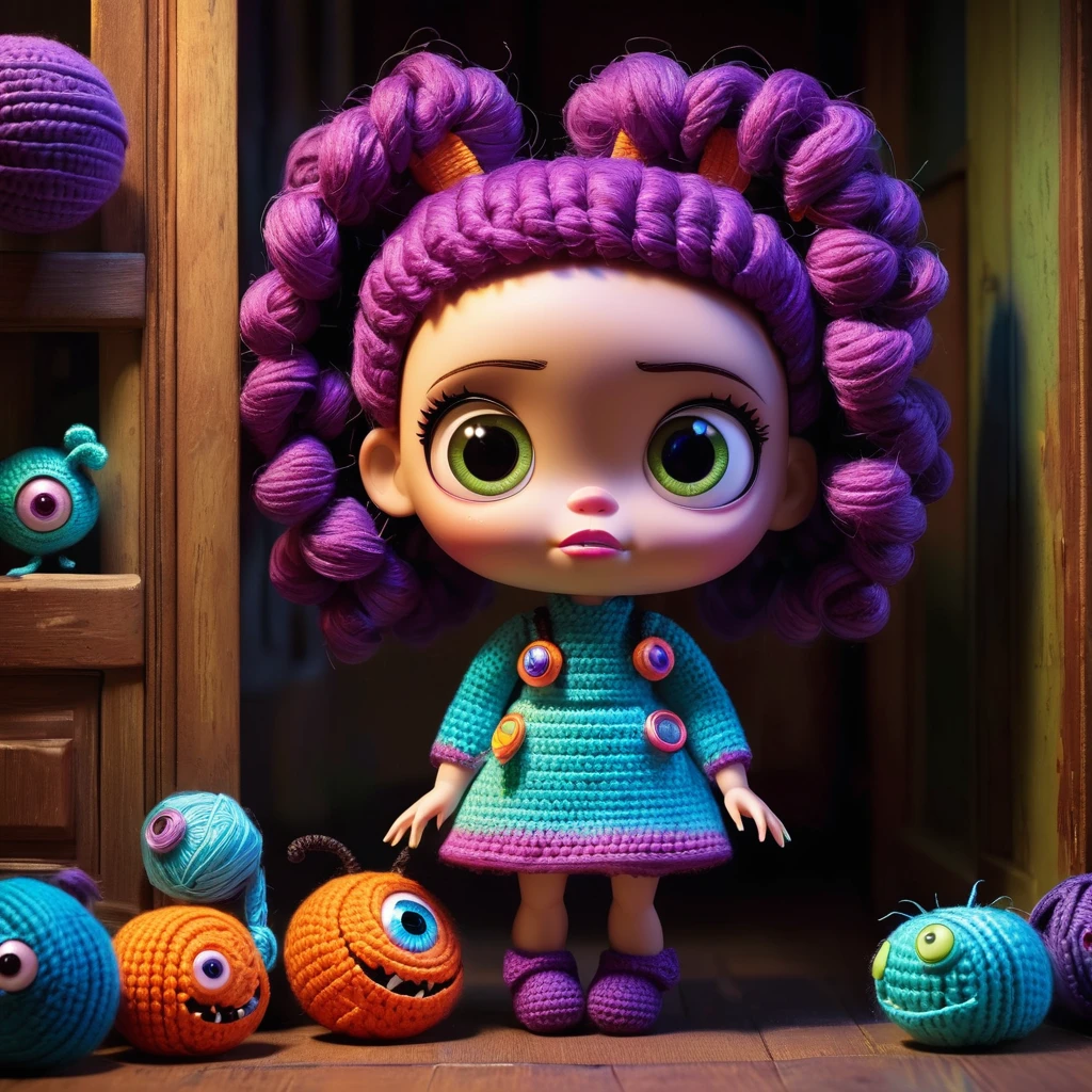 (Voodoo doll crochet toy:1.7), (Voodoo Sally from Monsters, Inc.:1.8), (Accessories: Enchanted scream canister, floating spectral doors:1.1), (Background: Monsters, Inc. factory with colorful doorways, playful shadows and an atmosphere of whimsical magic:1.2), best quality, masterpiece, detailed soft oil painting, detailed background, dramatic cinematic lighting, soft edge lighting, professional, dramatic lighting, hard edge lighting, ultra quality, 4k, masterpiece, best quality, 8k, ultra high definition, high resolution, extremely detailed