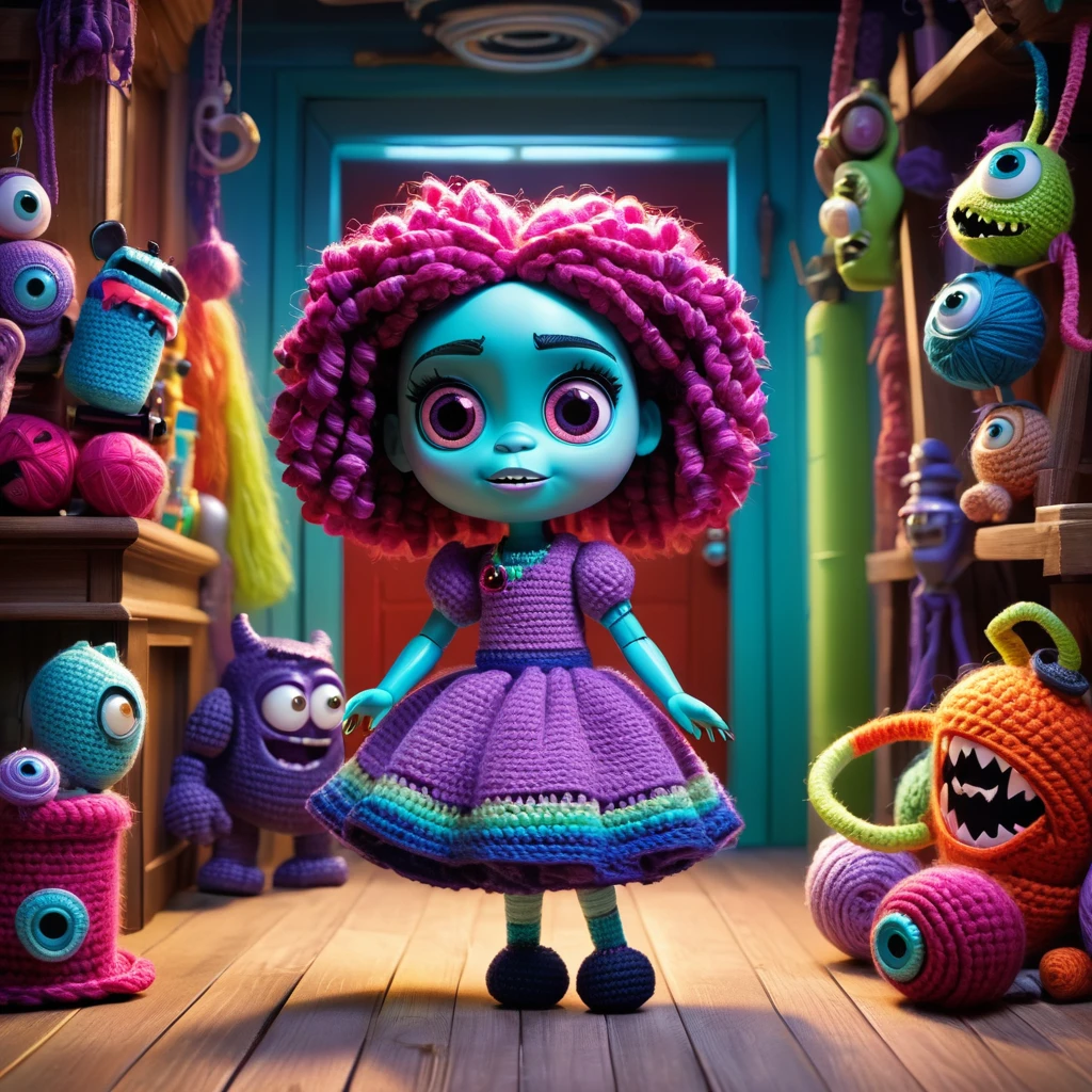 (Voodoo doll crochet toy:1.7), (Voodoo Sally from Monsters, Inc.:1.8), (Accessories: Enchanted scream canister, floating spectral doors:1.1), (Background: Monsters, Inc. factory with colorful doorways, playful shadows and an atmosphere of whimsical magic:1.2), best quality, masterpiece, detailed soft oil painting, detailed background, dramatic cinematic lighting, soft edge lighting, professional, dramatic lighting, hard edge lighting, ultra quality, 4k, masterpiece, best quality, 8k, ultra high definition, high resolution, extremely detailed