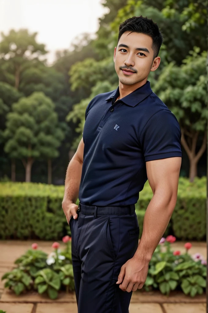Masterpiece, best quality, high resolution, realistic, handsome, Take beautiful photos, Photo of the 35 year old gym association (The man has a thin mustache.) ,Full body, Portrait, standing in the garden, make military media, weight, Amazing , Buzzcut short hair,stubble head , (Hyper Muscle),looking at the audience, Flirt with the camera, charming, (Tight navy blue polo shirt Cargo pants ),(GS-Male:1), 8k,Bokeh,Portrait,look at the viewer, smile 
