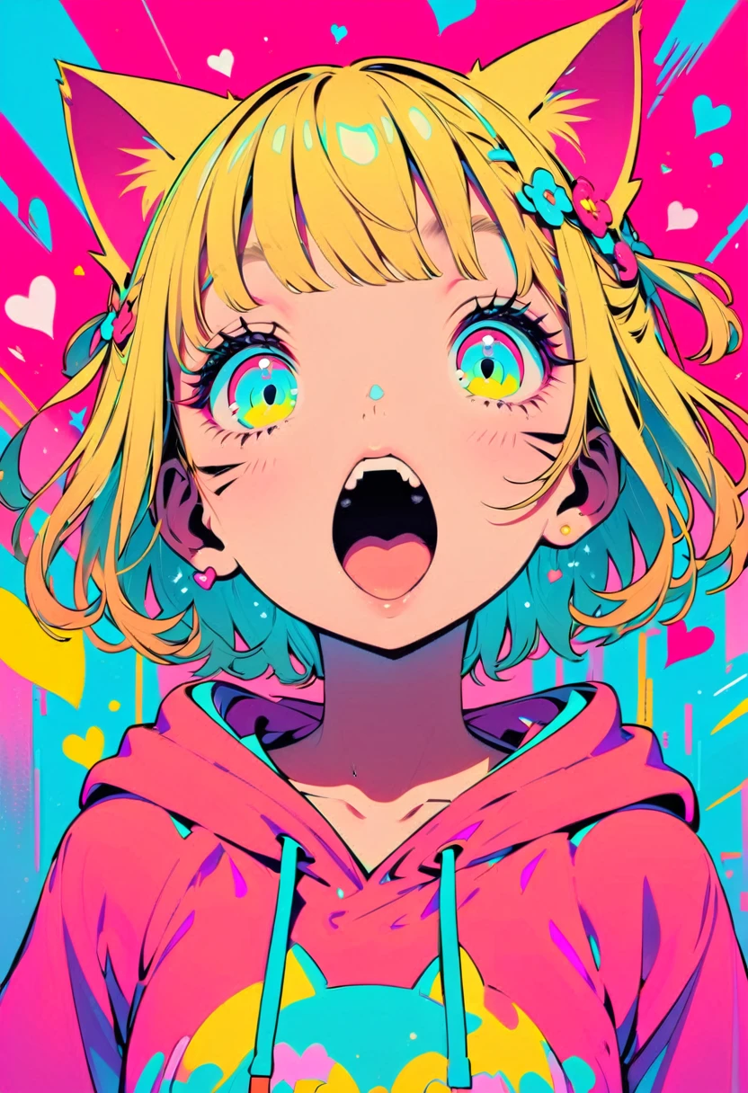 Style 11,One girl, heart, alone, Blonde Hair, Open your mouth, Cat ears, Flower Hair Ornaments,Short Hair、Turquoise Eyes、Pink short sleeve hoodie