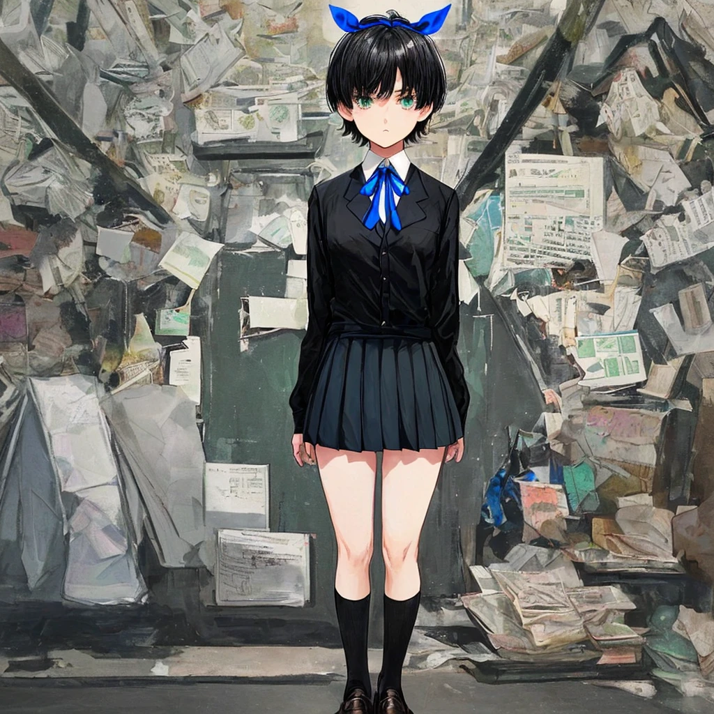 , short hair, blue ribbon on head, black hair, mini skirt, brown shoes, black socks, black uniform, white dress shirt, green tie
