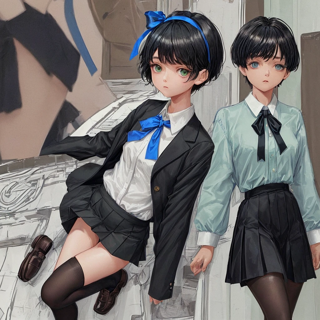, short hair, blue ribbon on head, black hair, mini skirt, brown shoes, black socks, black uniform, white dress shirt, green tie