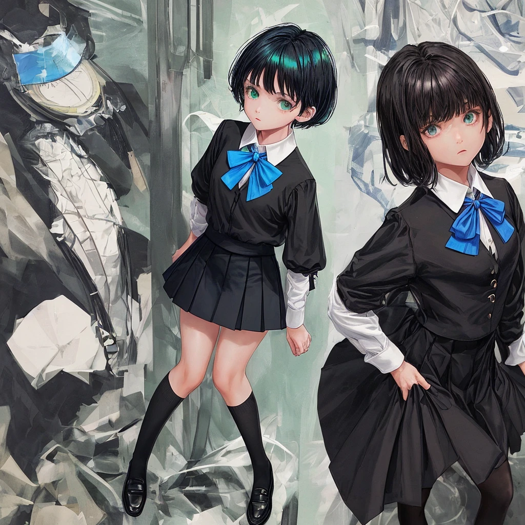 , short hair, blue ribbon on head, black hair, mini skirt, brown shoes, black socks, black uniform, white dress shirt, green tie