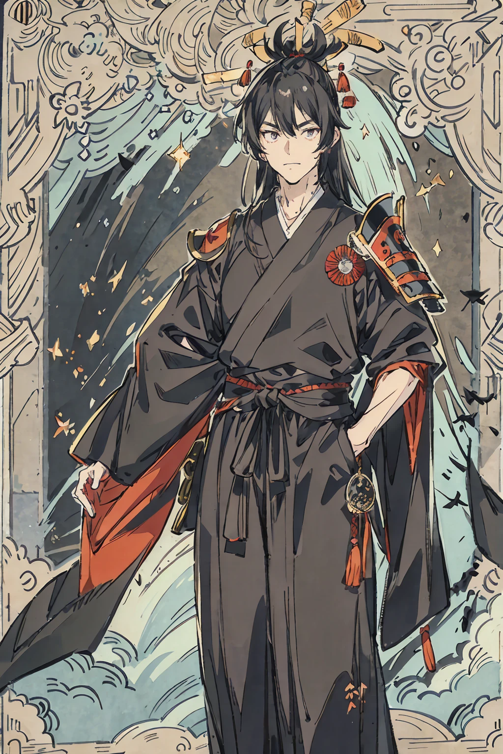 Ninja male, a black haired , wearing a black ninja armor, long hair, fasion hair, samurai armor, slim body, shirt ornament, hakama, tall 180cm, 18yearold, samurai, katana, male, handsome,  earing, smiley facr