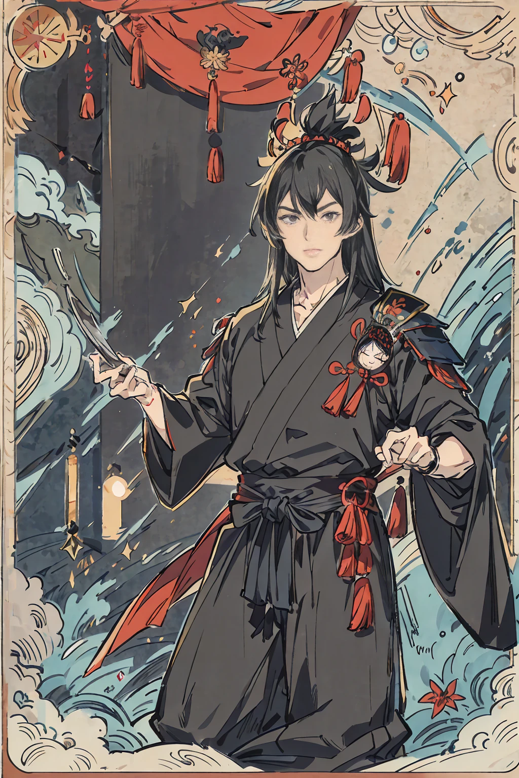 Ninja male, a black haired , wearing a black ninja armor, long hair, fasion hair, samurai armor, slim body, shirt ornament, hakama, tall 180cm, 18yearold, samurai, katana, male, handsome, earing, smiley facr