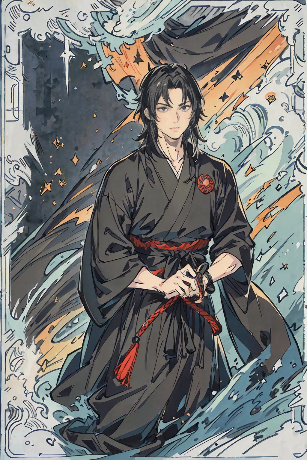 Ninja male, a black haired , wearing a black ninja armor, long hair, fasion hair, samurai armor, slim body, shirt ornament, hakama, tall 180cm, 18yearold, samurai, katana, male, handsome,  earing, smiley facr