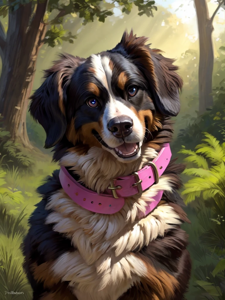 (by halbean), (by Taran Fiddler), solo, feral, canine, domestic dog, Bernese mountain dog, Australian shepherd, long fur, shiny fur, smooth body, long snout, big floppy ears, cute eyes, curvy, feminine, anatomically correct, female, pink collar, overexposed lighting, warm sunlight, inviting, absurd res, big eyes, cute eyes, happy, excited, big smile, mouth open, portrait, headshot