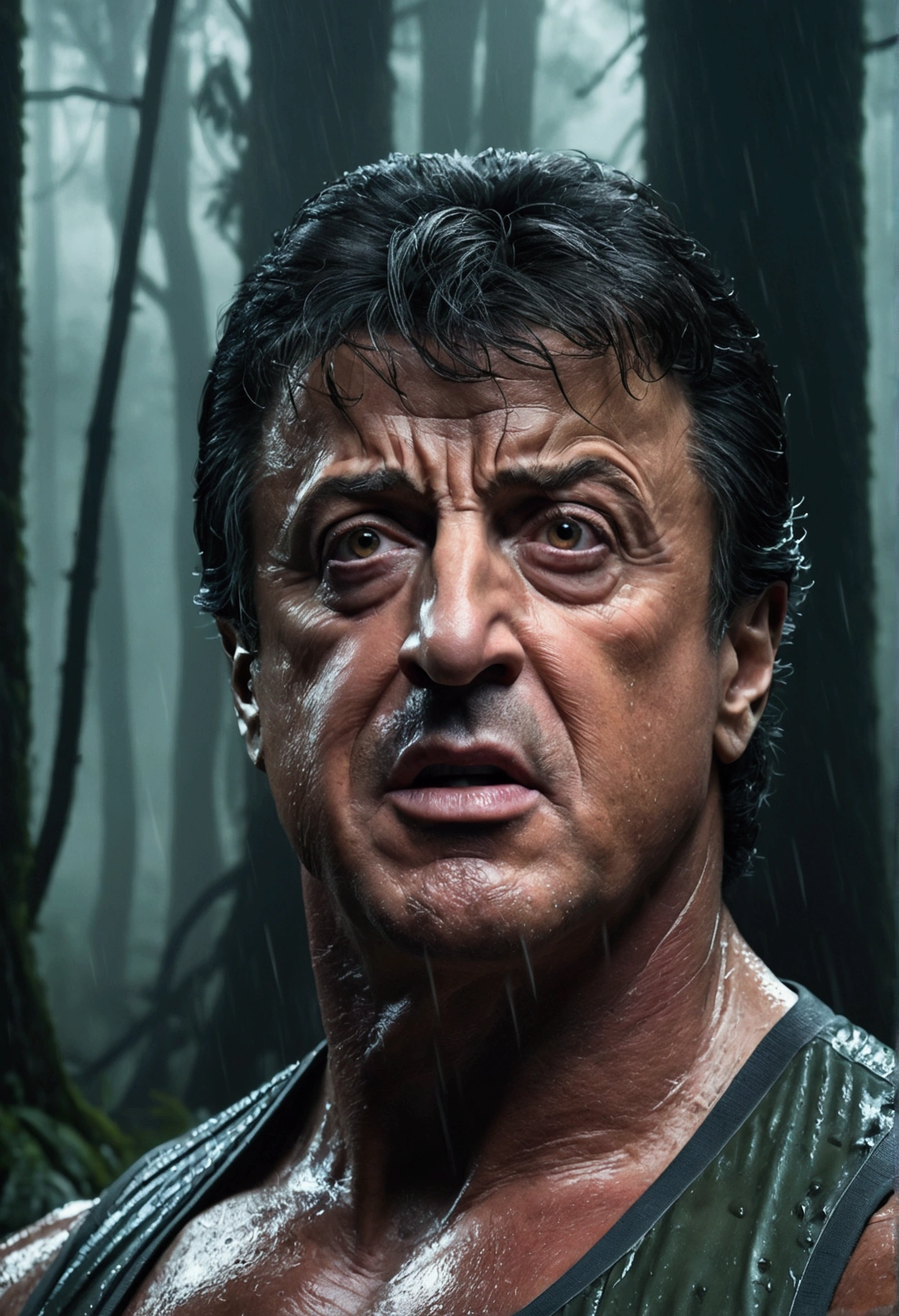 a muscular Silvester stallone, (detailed face,beautiful eyes,beautiful lips:1.2),wearing a torn shirt, fighting a large tentacled Lovecraftian monster in a swampy forest, dark cloudy sky, gritty gory atmosphere, detailed textures, dramatic lighting, (best quality,8k,cinematic,photorealistic,highly detailed:1.4), dark fantasy, moody colors