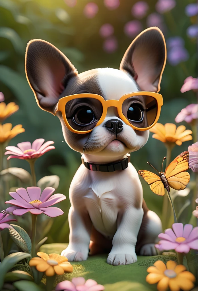 Adorable small tan boston Terrior puppy wearing sunglasses playing at park butterflies and flowers in background 3D Pixar style
