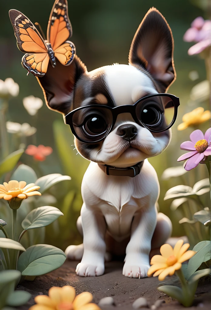 Adorable small tan boston Terrior puppy wearing sunglasses playing at park butterflies and flowers in background 3D Pixar style
