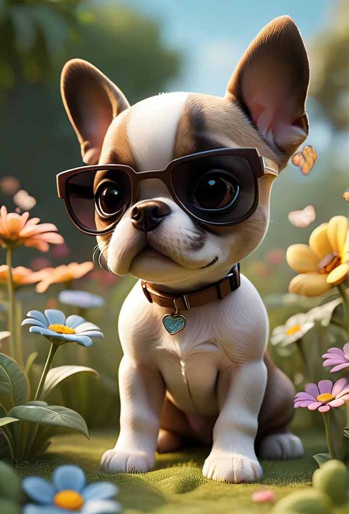 Adorable small tan boston Terrior puppy wearing sunglasses playing at park butterflies and flowers in background 3D Pixar style
