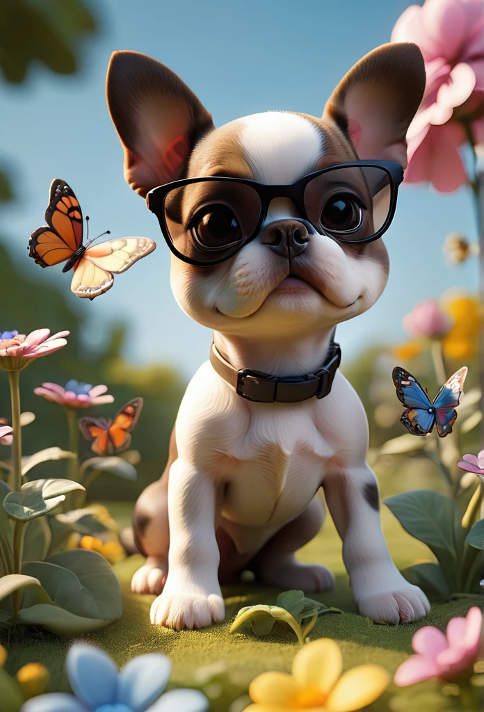 Adorable small tan boston Terrior puppy wearing sunglasses playing at park butterflies and flowers in background 3D Pixar style
