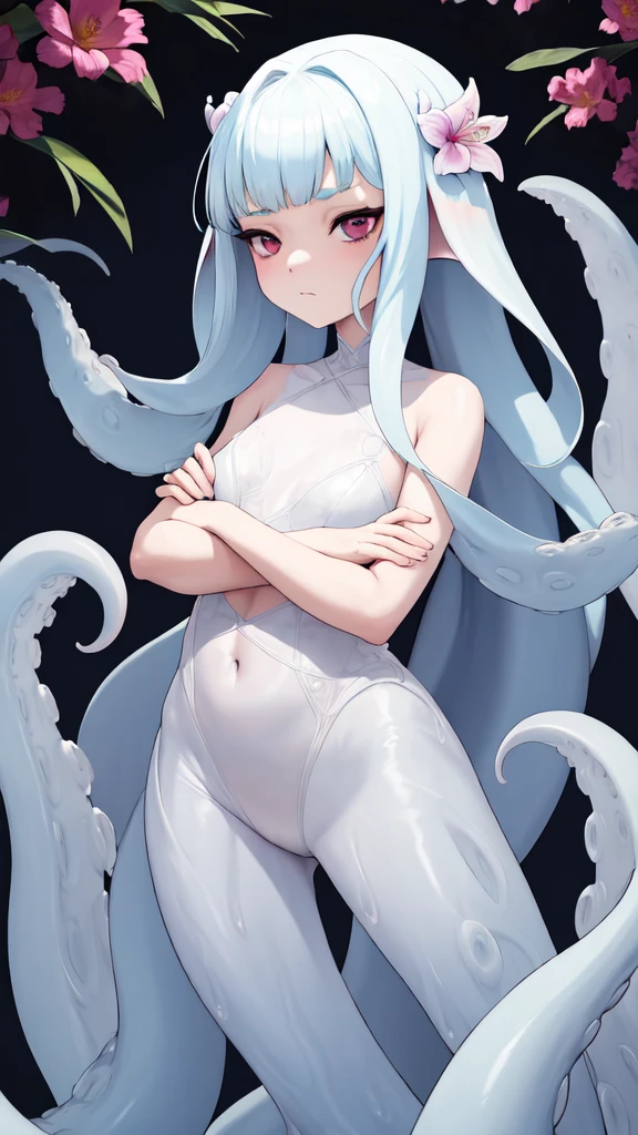 scyllacpt, squid, solo, 1girl, pensive, crossed arms, glittering light, Tuberose \(flower\), floral background
