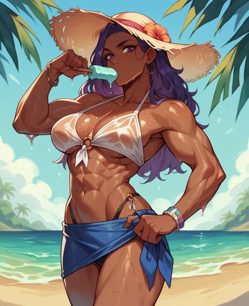 Dark-skinned woman, purple hair,muscled body, wearing a beach hat, wearing a bikini and beach skirt, all wet, having ice cream