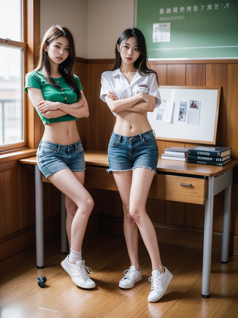 (best quality, Masterpiece, Realistic photos, very detailed, Ultra high resolution, raw:1.3), 1 woman, beautiful, Japan, in university, A young university girl wears a green button-up crop top.., Blue Jeans, showing navel, College Student, navel, (canvas shoes, ขาbeautiful, full body), classroom, holding a book, Dress well, ((Cross your arms over chest.))