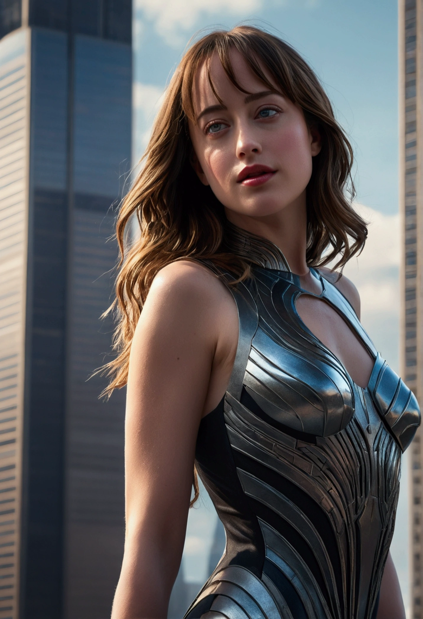 Highly detailed RAW photo of realistic Dakota Johnson wearing sexy and erotic dress standing on a tall skyscraper, dynamic pose, (wide hips), (detailed ), (detailed lips), (detailed eyes), (Sci-Fi setting) (detailed face), (curvy), detailed eyes, depth of field, soft lighting, masterpiece, best quality, intricate, (lens flare:0.7), (bloom:0.7), particle effects, raytracing, tone mapped, highly detailed, concept art, smooth, sharp focus, dramatic lighting, highly detailed artwork, cinematic, hyper realistic painting, trending on Artstation, 8K, incredible shadows, realistic, (highly detailed background:1.2), art by midjourney