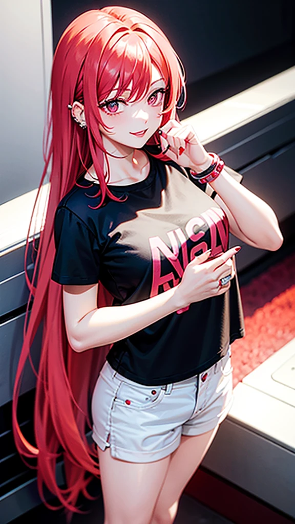 Hair with red,pink,white and black and bangs, ears with tragus piercings and one lobe and one hilux , eyes with good mood ,red sexy lips , short t shirt, short pants,,left hand with diamond bracelet, roght hand with one diamond ring, 