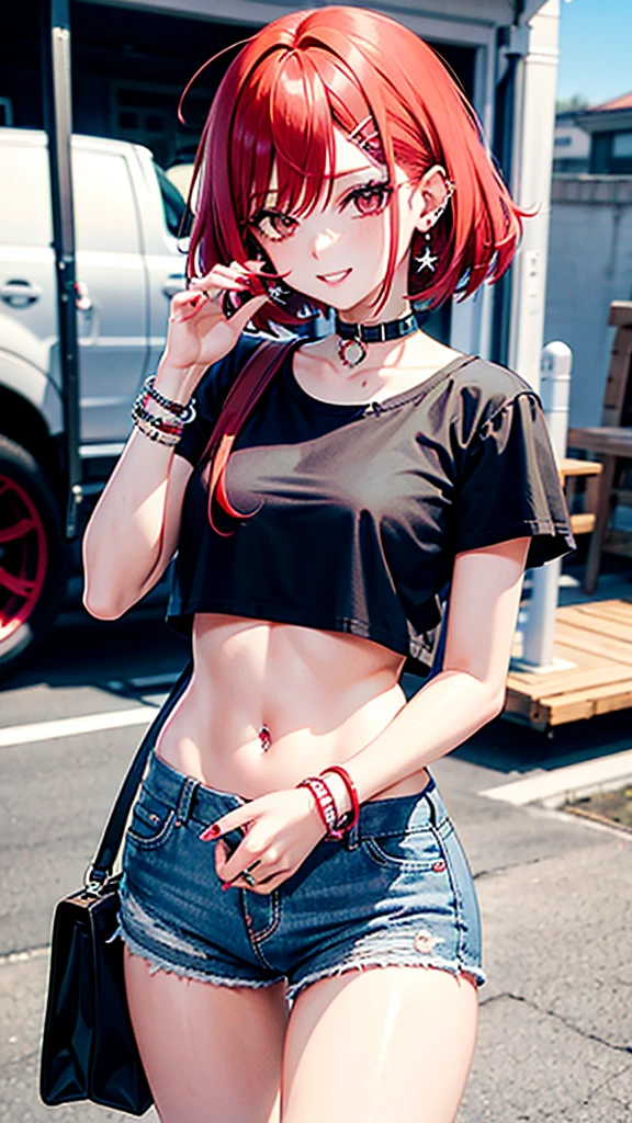 Hair with red,pink,white and black and bangs, ears with tragus piercings and one lobe and one hilux , eyes with good mood ,red sexy lips , short t shirt, short pants,,left hand with diamond bracelet, roght hand with one diamond ring,