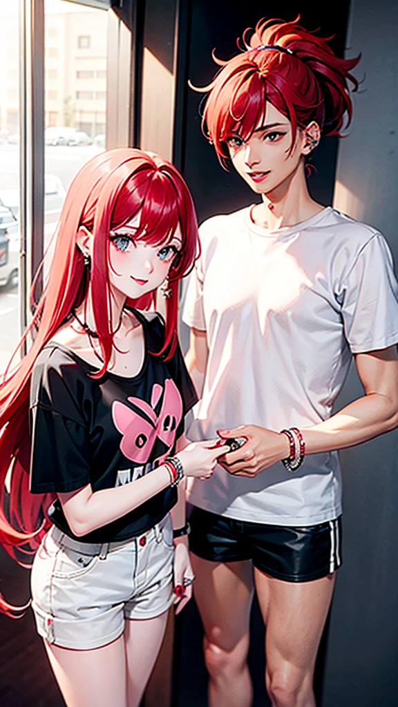 Hair with red,pink,white and black and bangs, ears with tragus piercings and one lobe and one hilux , eyes with good mood ,red sexy lips , short t shirt, short pants,,left hand with diamond bracelet, roght hand with one diamond ring,