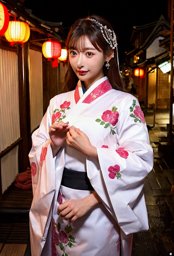 masterpiece, Highest quality,16K, Ultra-high resolution,The light and shadow of reality,Cinema Lenses,((Very skinny)),((Very firm and shapely beautiful large breasts)),((Very slim and beautiful thighs)),((High nose、Small Mouth)),((Clean and slim face line)),((Big dark eyes with long eyelashes)),((Very small face))((Very slim and beautiful arms)),((She is very thin and has a great figure)),((Pure white beautiful skin)),((Cute Japanese Girls)),((((yukata,Japanese Kimono))),((((Black and pink long sleeve floral kimono)))),((((At a night festival)))),(Beautiful Eyes:1.1),Reflecting clear eyes and a gentle smile,