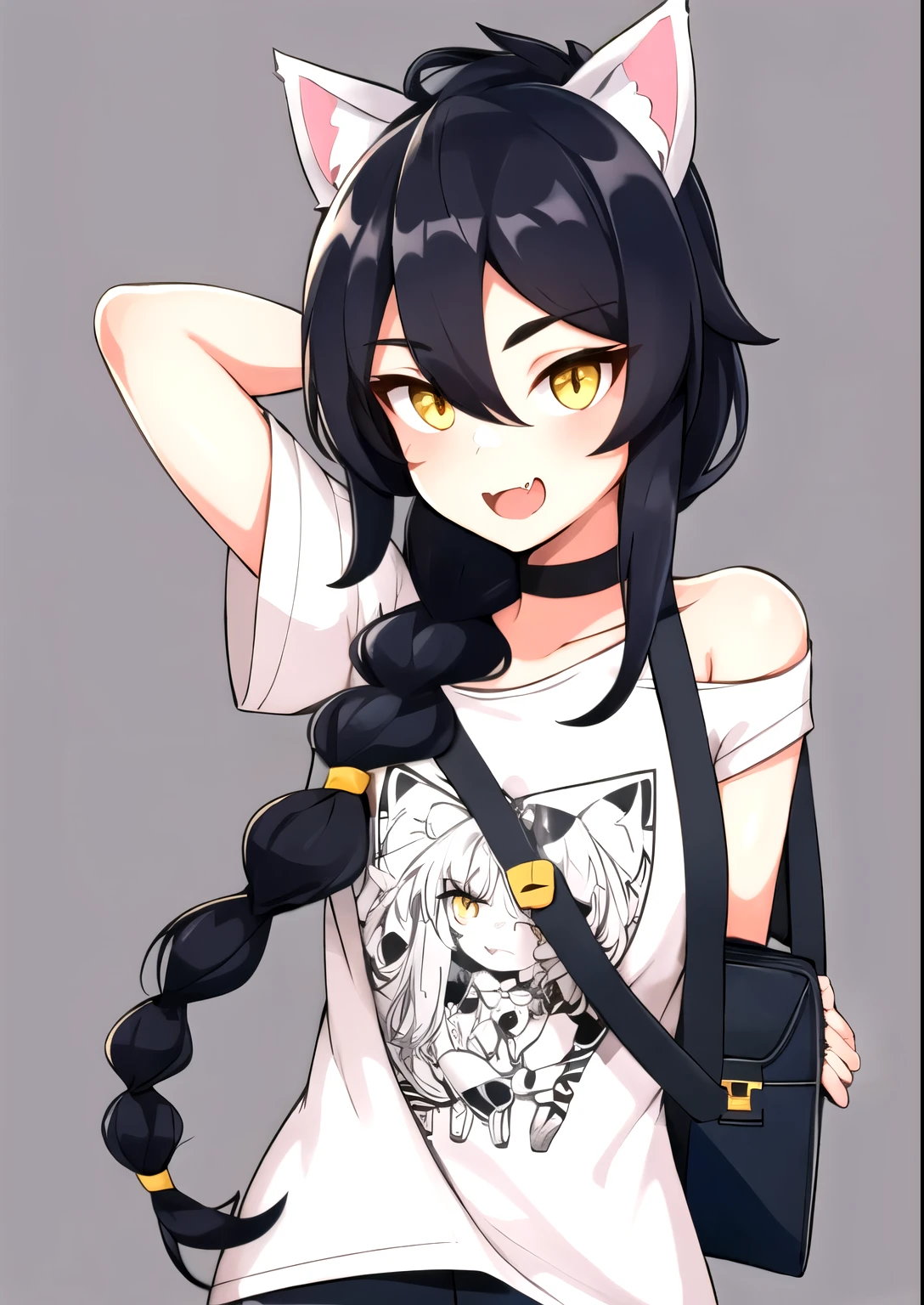 1girl, solo, long hair, looking at viewer, black hair, bandaid on face, yellow eyes, animal ears, smile, bandaid on nose, braid, cat ears, bandaid, bangs, breasts, fake animal ears, simple background, open mouth, fang, , bare shoulders, scar, teeth, shirt, bare shoulders, white shirt, short sleeves, closed mouth, t-shirt, hair over one eye, portrait, bag, hair over shoulder, shorts,