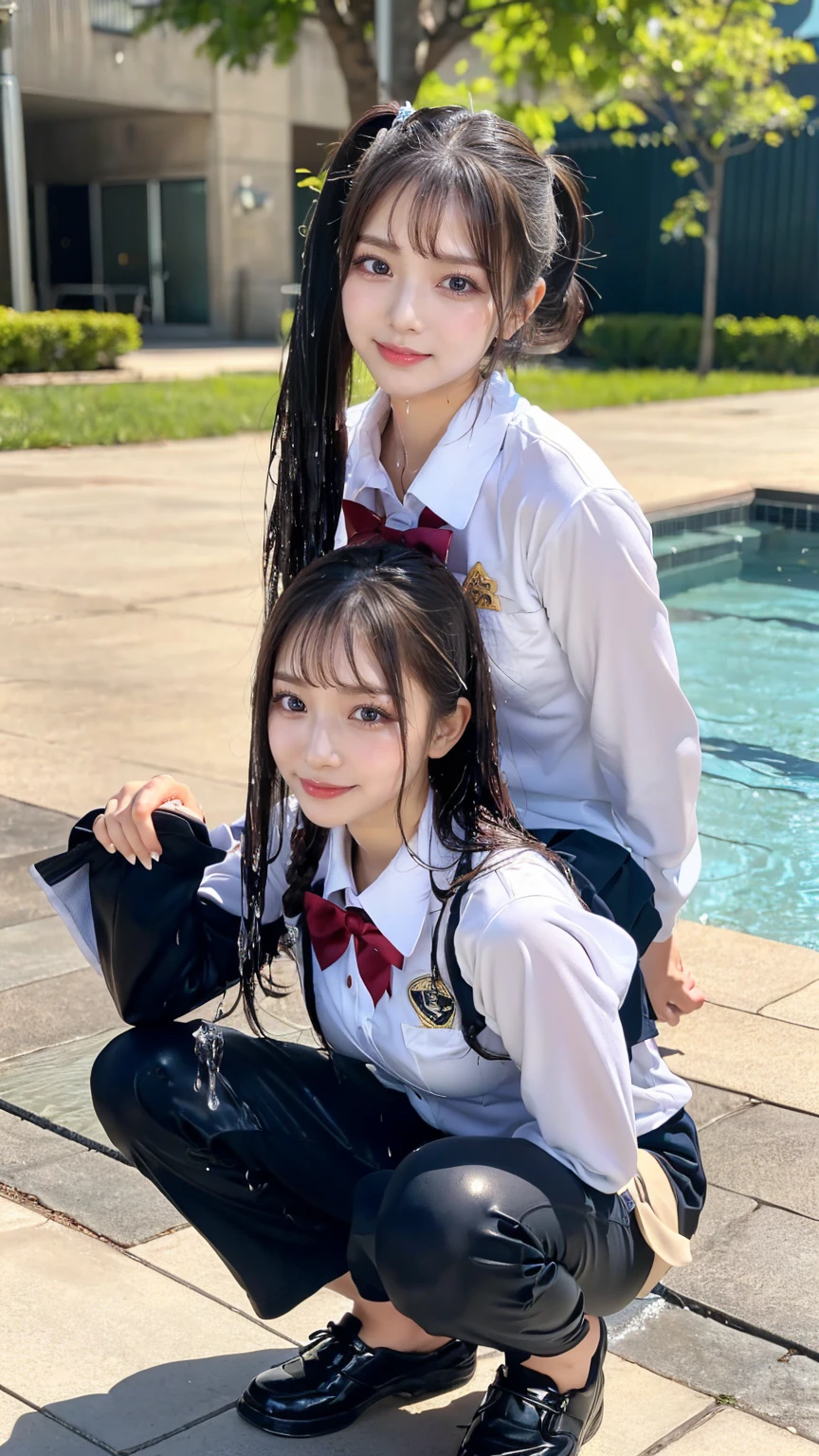 ((masterpiece, Highest quality)),Best aesthetics,One girl,(squatting, spread legs:1.4),Poolの中,Pool, Long Hair, Outdoor, Chair, View your viewers, Focus Only, Brown eyes, (high school girls are wearing uniforms:1.4), Long Black Hair, bangs, Sit with your legs apart,smile,Black underwear,Wet Hair,(Big Breasts),(Random gravure poses:1.4),(独奏:1.4),(sit down spread legs:1.4),(wet clothes:1.4)