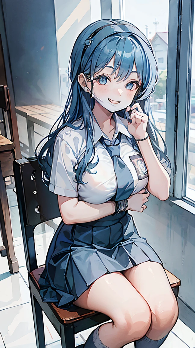 1 woman, , (long hair, hairband, blue hair), scared face expression, plump body, blue eyes, Indonesian high-school uniform, (smile:1.4), osis logo on shirt pocket, huge XL breasts, light-grey pleated skirt, sitting on a chair, seductive pose, full body shot, smiling, in the classroom, smile. ako_bluearchive, wearing a mask (mask_pull, white surgical mask, surgical mask fit his face:1.2).