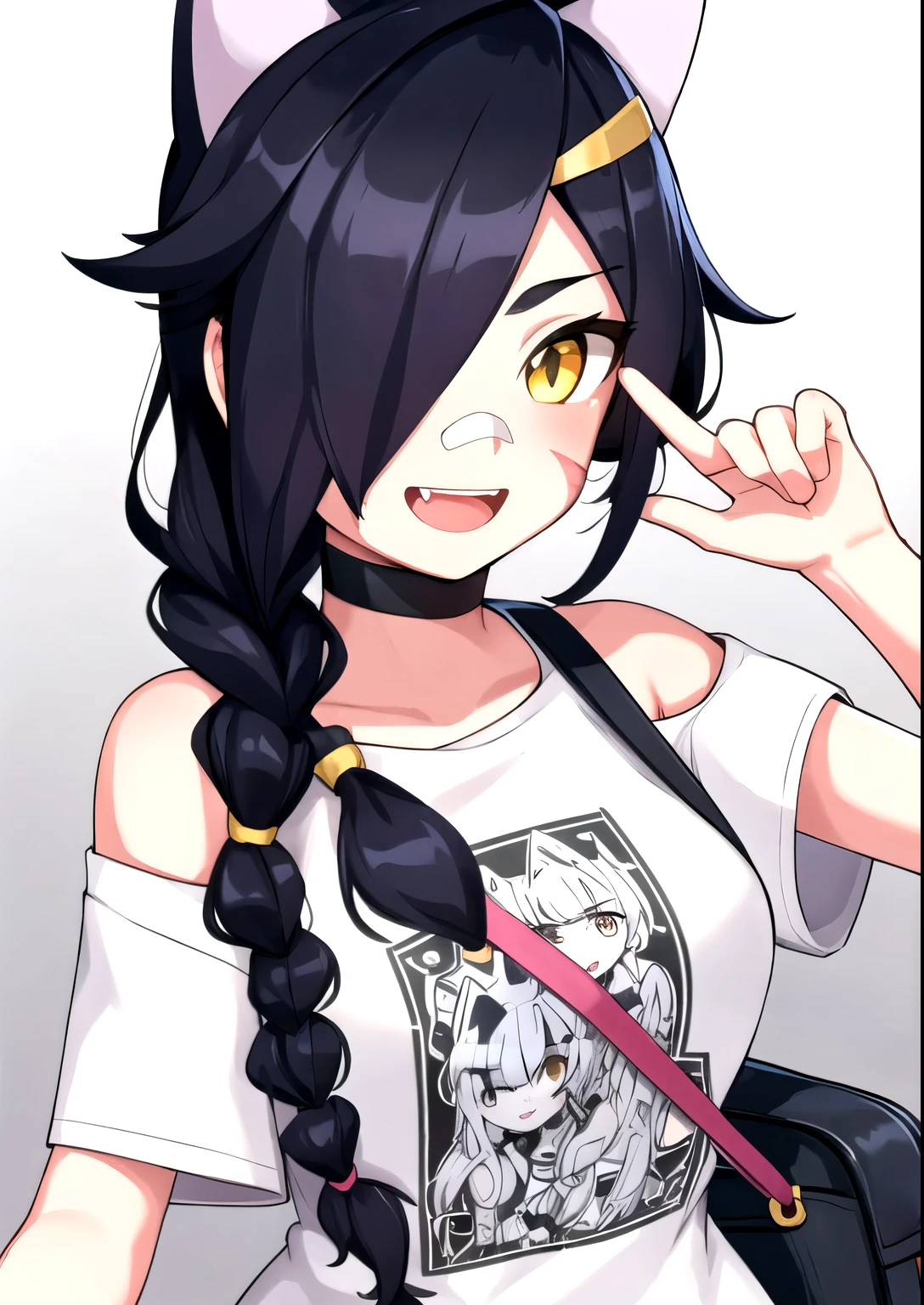 1girl, solo, long hair, looking at viewer, black hair, bandaid on face, yellow eyes, animal ears, smile, bandaid on nose, braid, cat ears, bandaid, bangs, breasts, fake animal ears, simple background, open mouth, fang, , bare shoulders, scar, teeth, shirt, bare shoulders, white shirt, short sleeves, closed mouth, t-shirt, hair over one eye, portrait, bag, hair over shoulder, shorts,