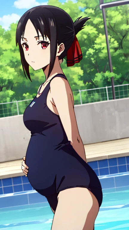 (best quality, masterpiece, 8k:1.2), detailed,
shinomiya kaguya,1girl, solo, black hair, red eyes, short hair, folded ponytail, red hair ribbon, (one-piece swimsuit,slim body, youthful, pool),
looking at the viewer, medium breasts, dynamic Angle, pregnant