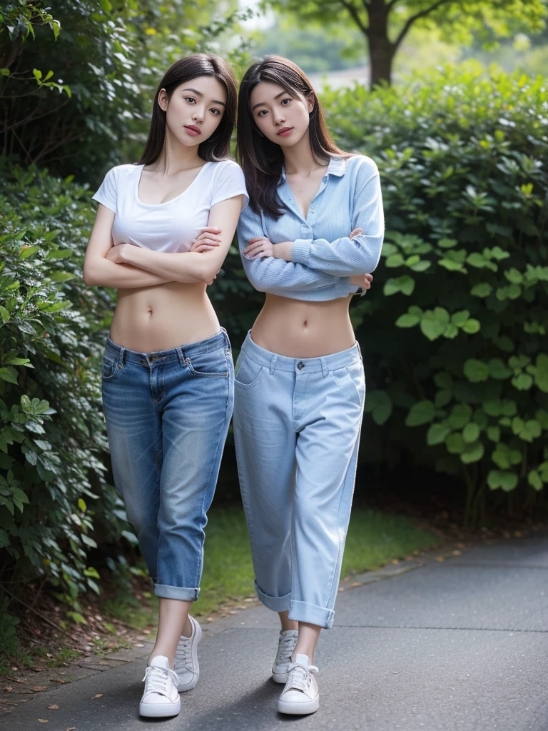 (best quality, Masterpiece, Realistic photos, very detailed, Ultra high resolution, raw:1.3), 1 woman, beautiful, Japan, in university, A young university girl wears a green button-up crop top.., Blue Jeans, showing navel, College Student, navel, (canvas shoes, ขาbeautiful, full body), Walking place, holding a book, Dress well, ((Cross your arms over your chest.))