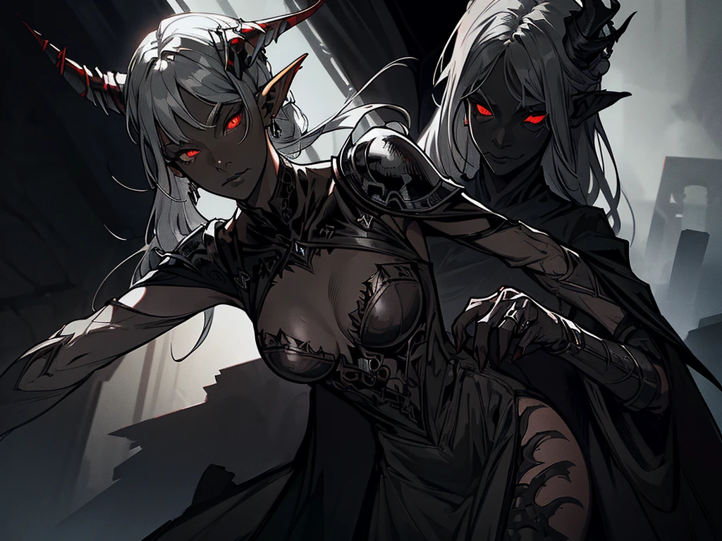 1girl, horror, dark elf princess, elden ring, (dark grey skin:1.5), true white long ponytail, ((perfect red eyes)), elf ears, earrings, detailed blood, highly detailed mechanical horns, (small breasts), ((black gothic prom dress)), wearing black fur cloak, bone armor, skull armor, volumetric lighting, ethereal fog, dark background, ultrasharp, best quality, masterpiece, realistic, anatomically correct, (strong cinematic lighting), ((rim lighting)), stunning details, intricate details, 8k post-production, high resolution, super details, sharp focus, depth of field f/1.8, studio photos, (((looking at camera)))