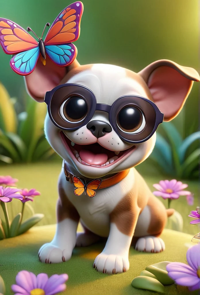Adorable small tan boston Terrior puppy wearing sunglasses playing at park butterflies and flowers in background 3D Pixar style