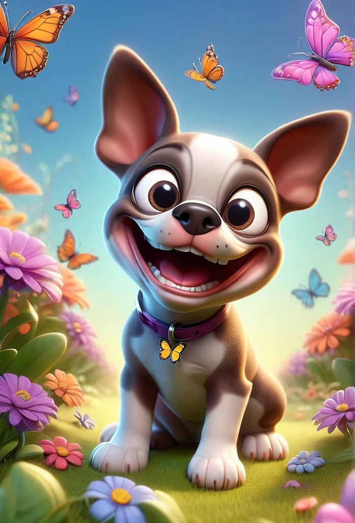 Adorable small tan boston Terrior puppy wearing sunglasses playing at park butterflies and flowers in background 3D Pixar style
