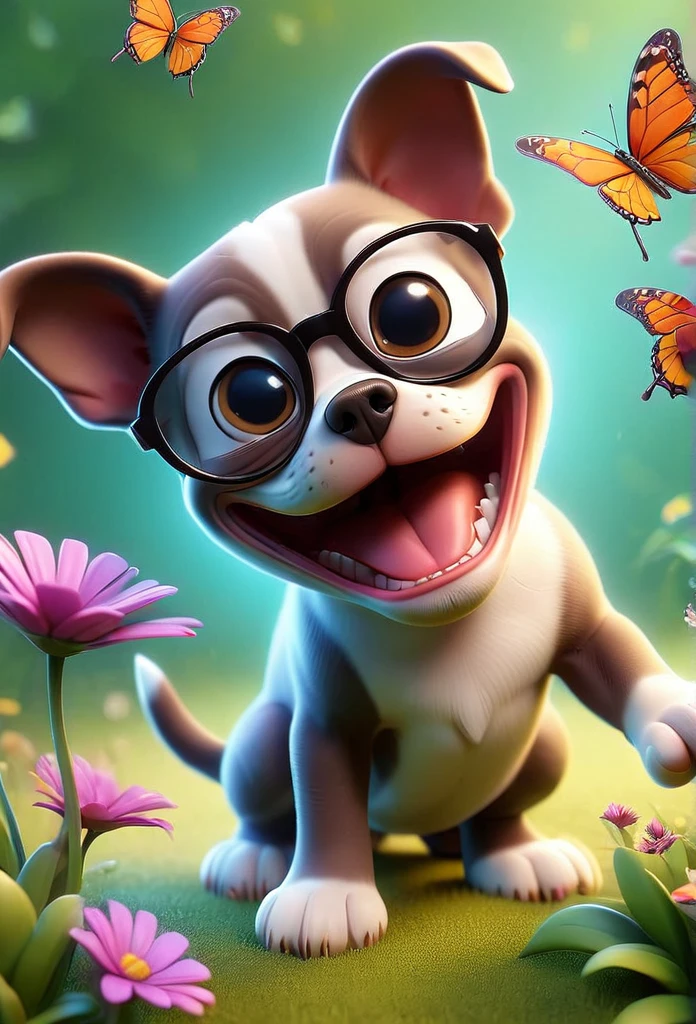 Adorable small tan boston Terrior puppy wearing sunglasses playing at park butterflies and flowers in background 3D Pixar style